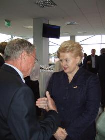 Sen. Jim Inhofe (R-Okla.), ranking member of the Senate Armed Services Committee (SASC), meets Lithuania President Dalia Grybauskaite at the inauguration of her country’s liquefied natural gas import facility on Oct. 27, 2014.